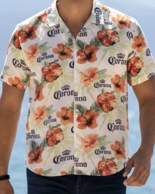 NEW Corona Beer Mens Size LARGE Hawaiian Button Up Shirt Lightweight Breathable