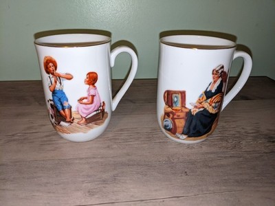 2 Norman Rockwell Museum Mugs Music Master Memories Gold Trim Collectible Cups