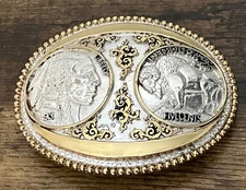 Vtg Award Design Medal ADM Two-Toned Indian Head Buffalo Western Belt Buckle EUC