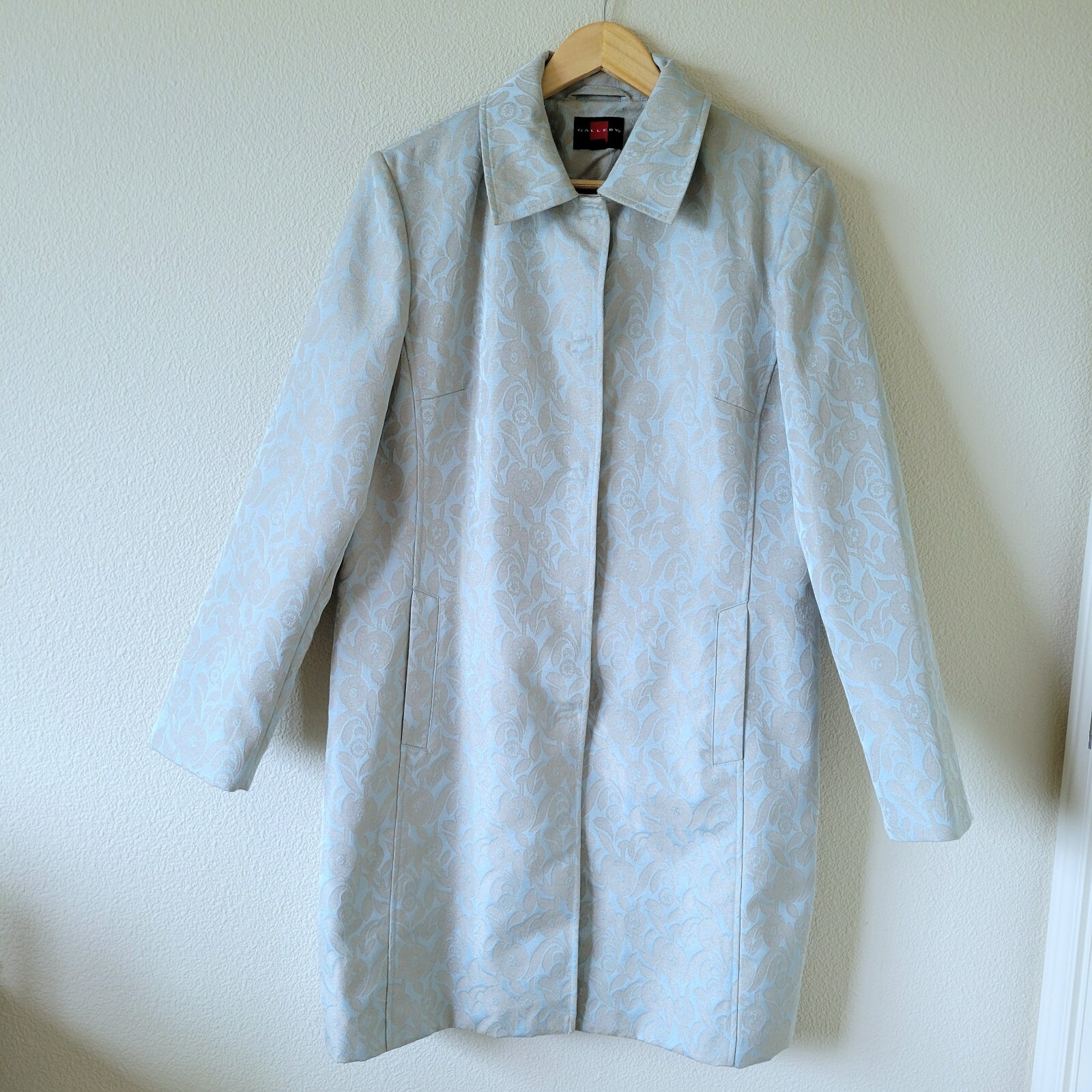 Vintage GALLERY Jacquard Longline Trench Coat Sz L Pale Blue