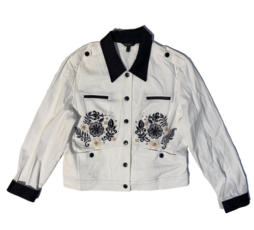 Christine Phillipe White Button Down Jacket Beaded Floral Accents - 16