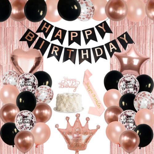 Rose Gold Birthday Decorations for Women Black Rose Gold Balloons Birthday Pa...