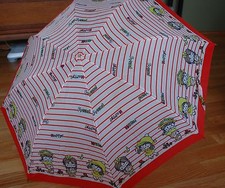 1980s Childs Umbrella RED Plastic Handle Little Girl's "Happy Friends Hello" Vtg