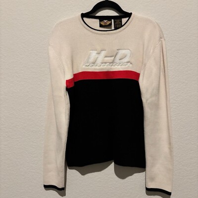 Harley Davidson Women s Cream Sz Large Pullover Sweater Orange Black Stripe