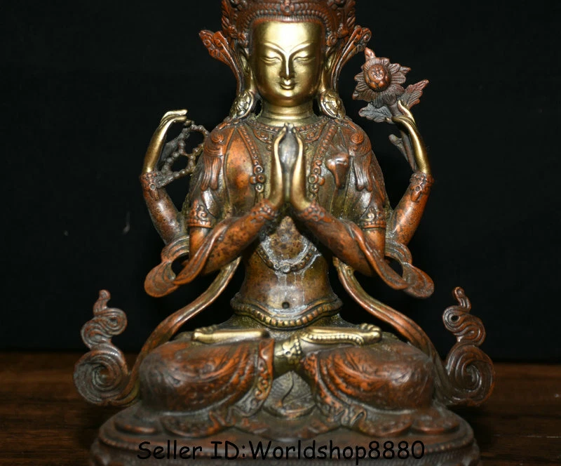 9.2" Antiguo Tíbet Rojo Cobre Dorado 4 brazos Chenrezig Buda Avalokiteshvara Estatua Foto 3 de 4