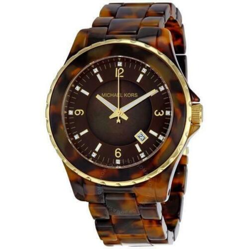 NEW MICHAEL KORS GOLD TONE+BROWN TORTOISE ACRYLIC BAND,CRYSTAL WATCH MK5298