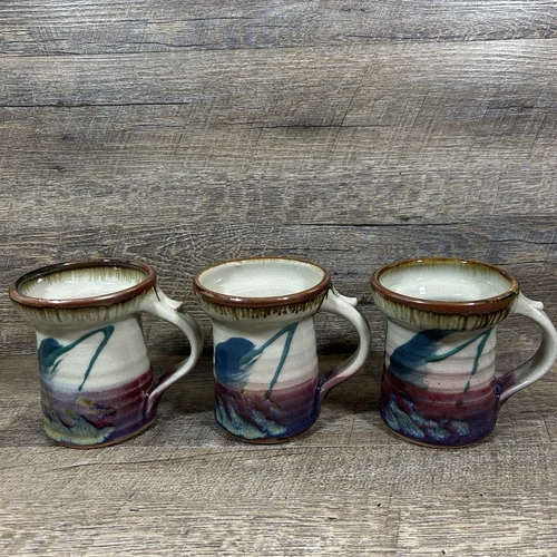 Studio Art Pottery Drip Glaze Mugs Signed Blue Purple Gray Set of 3