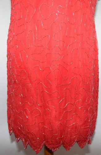 De Colección Laurence Kazar Rojo Seda Cuentas Lentellera Fiesta Año Nuevo Vestido de Vacaciones Mujeres PL - Imagen 3 de 10