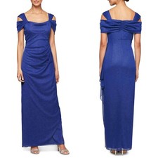 NEW ALEX EVENINGS Cold Shoulder DRAPED Ruffle BLUE Glitter METALLIC GOWN 6