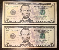 Lot of 2 NEW $5 2021 Sequential U.S. Five Dollar Bills Gem Unc Consecutive Notes