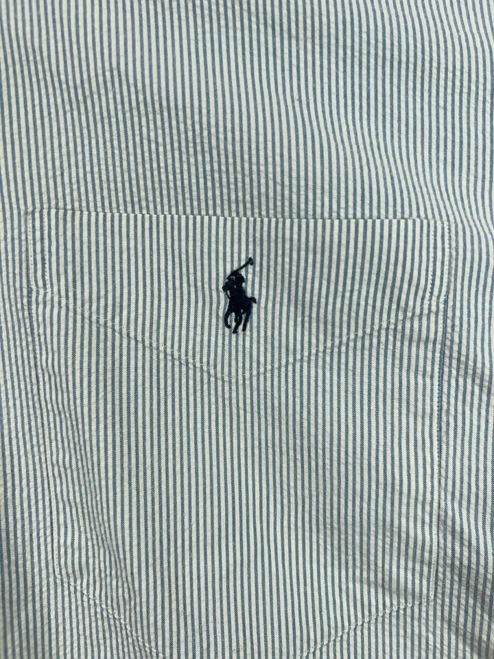 Pullover vintage de los 90 Ralph Lauren Purcell para hombre XL azul a rayas camisa Seersucker Foto 4 de 4