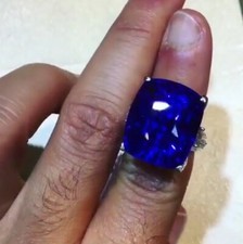 Royal Blue Cushion Shape 21.08CT Sapphire With Vivid White CZ Deco Wedding Ring