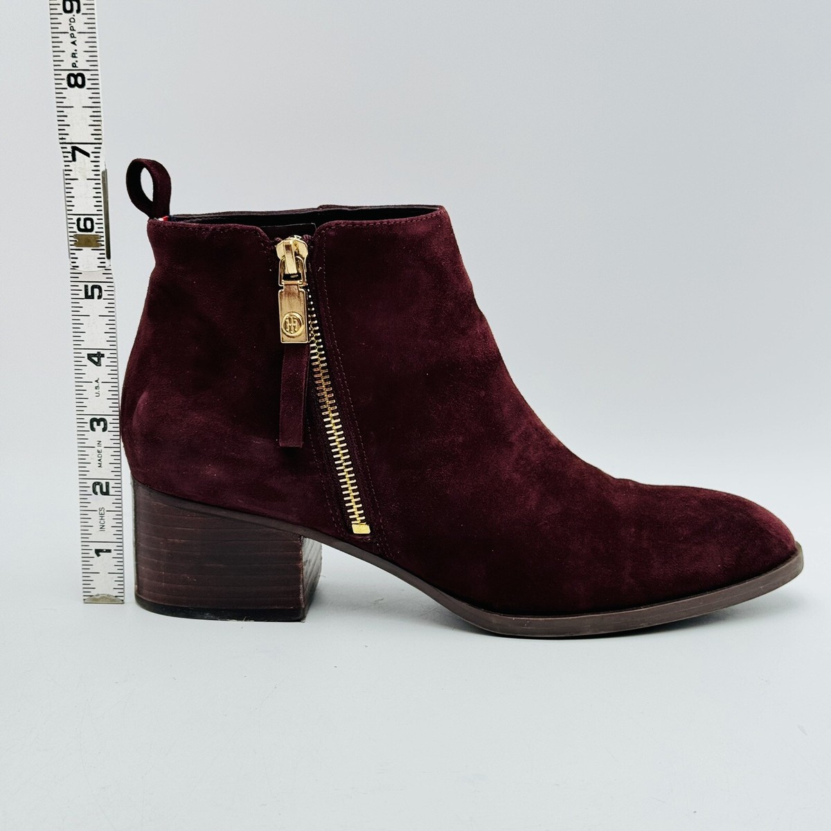 Tommy Hilfiger Womens Reiz Ankle Booties Maroon Block Heel Almond