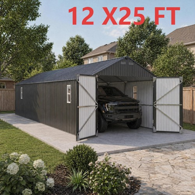 #ad 12x25 FT Metal Carport Enclosed Car Port W Steel Roof Garage Shelter 3 Doors $1159.69