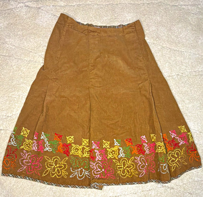 Oilily Womens Brown Corduroy Embroidered Floral A-Line Midi Skirt L See Measures