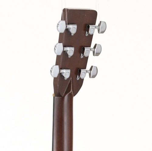 Martin D-28 acoustic guitar with light wood body, silver hardware, and six-string neck twist, shown from the back on a white background.