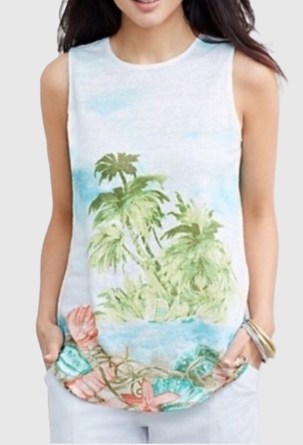 J Jill Love Linen Womens Tank Top Sleeveless Tropical Beach Palm Medium