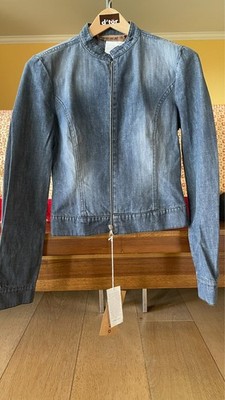 John Richmond Denim Moto Jacket Gold ''RICH'' Graphic Made in Italy Women's Sz 8 N