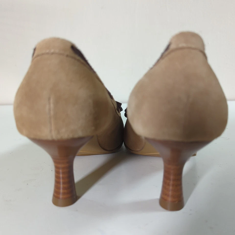 Y2K Mudd Shoes 8.5 Kitten Heel Moccasin Tan Suede Leather Slip On Pumps Cottage - Image 4 of 4