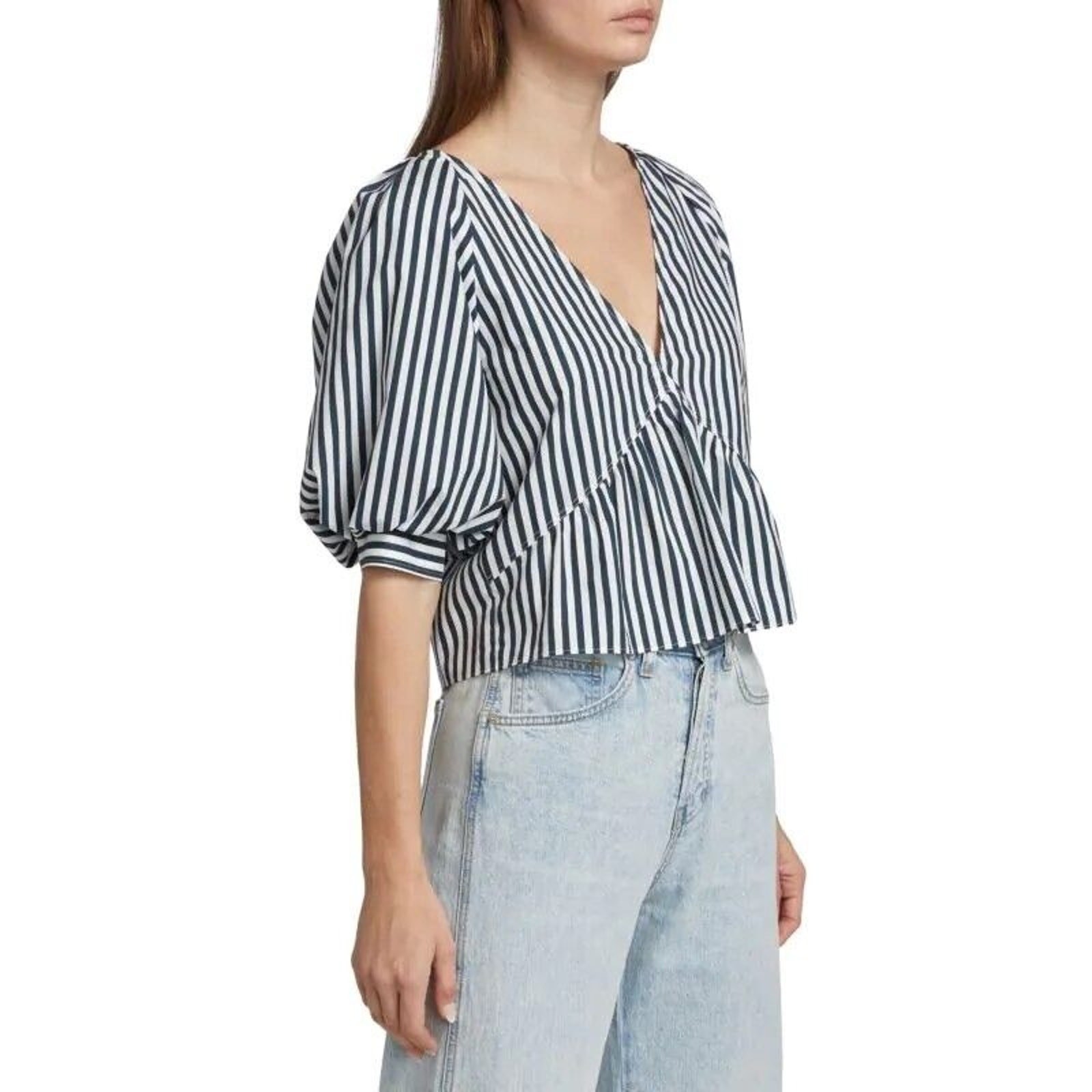 Frame Women Navy Striped Linen/Cotton Poplin Casual Puff Sleeve Blouse Size S