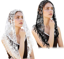 2 Pcs Mass Veil Triangle Mantilla Cathedral Head Covering, Chapel Veil Lace S...