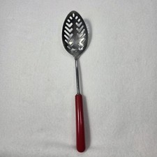 Vintage EKCO Slotted Serving Spoon โ Mid-Century Red Plastic Handle Made in USA