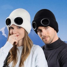 Unisex Knitted Hat with Goggles Windproof Winter Warmer Ski Beanies Soft Warm