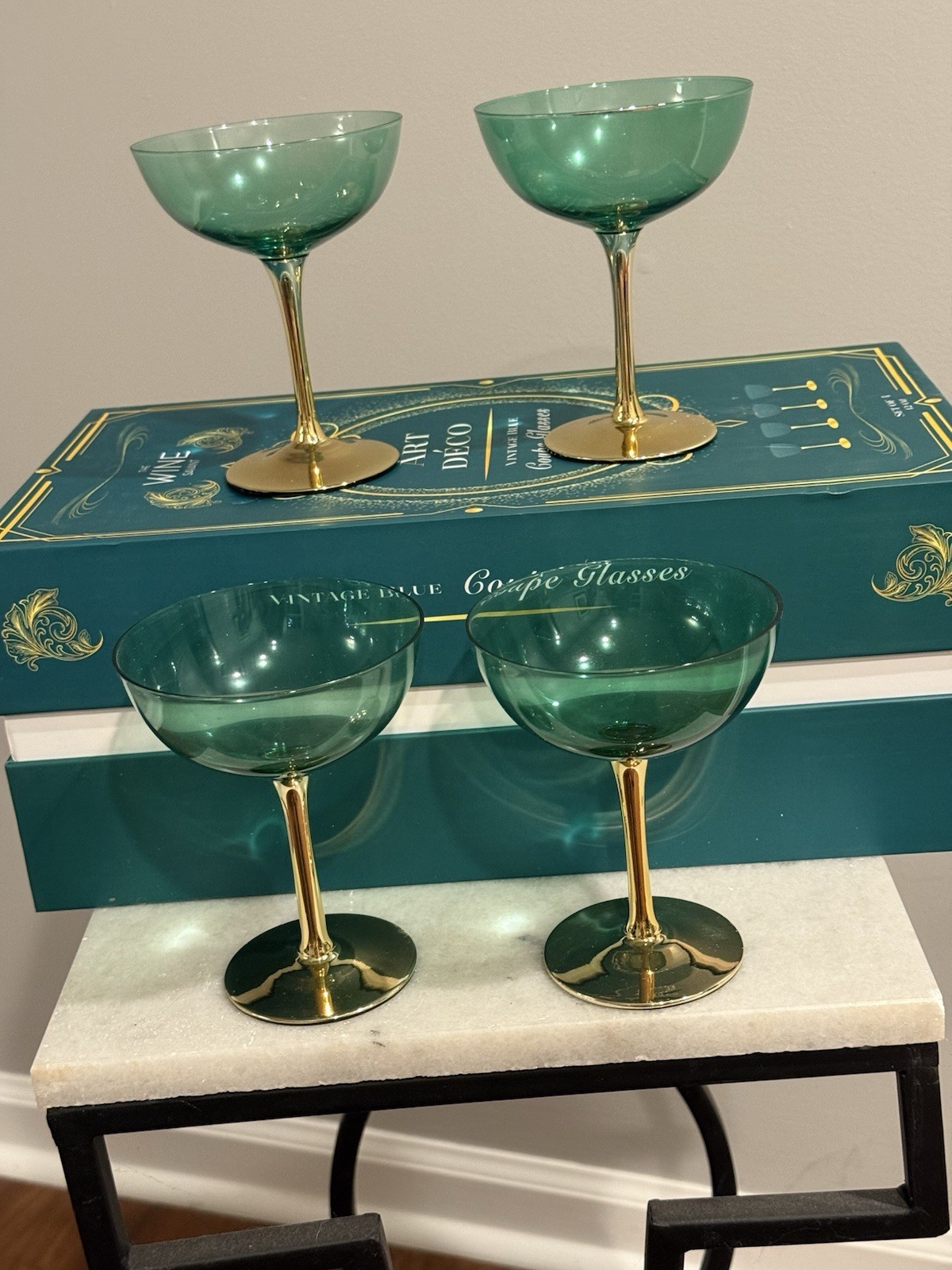 The Wine Savant Green Gold Coupe Art Deco Champagne Glasses Set Of 4 Gift Box