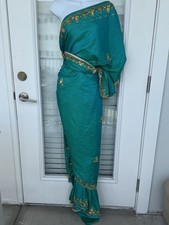 Teal Green Embroidered Beaded Lehenga Skirt Gold Indian Wedding Adjustable