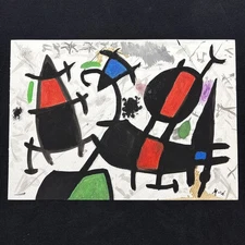 JOAN MIRO   drawing on old paper signed stamped vintage