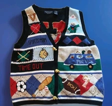 SPORTS MOM-VTG 90s-Eagles Eye Sweater Vest-Balls-Whistles-Cheers-Colorful-Sz 2XL