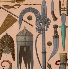 INDIAN ARMS & REGALIA – Halberds Daggers Fans Shields – 1876 Antique Print