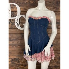 Fashion Nova | Strapless Denim Corset Mini Dress Pink Layered Tier Floral Ruffle