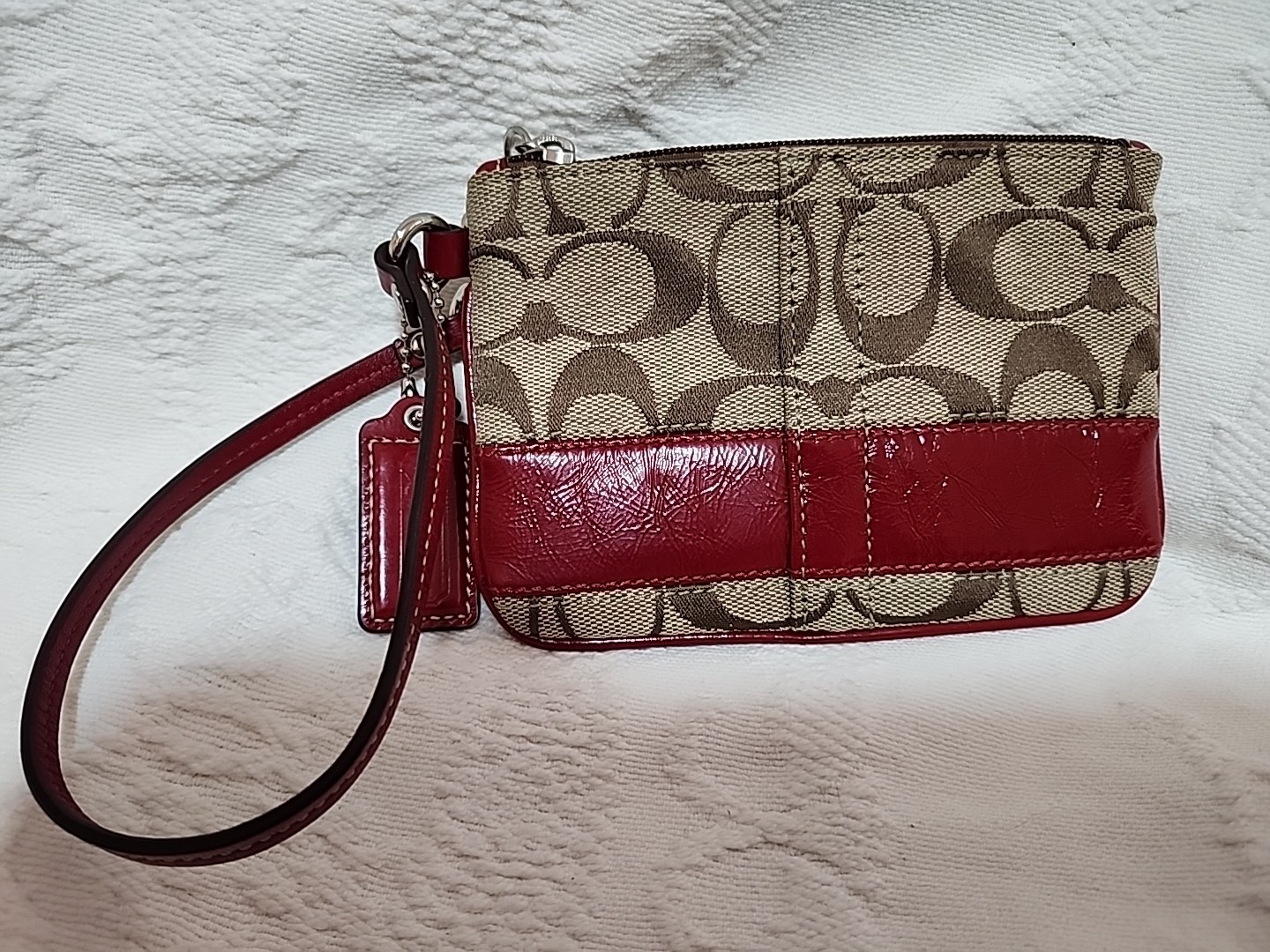 Coach Brown And Red Patent Logo Wristlet Zip Closure Wallet Or Purse