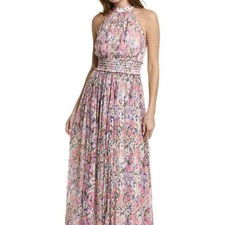 Rococo Sand Floral Print Halter Maxi Dress Women's Pink Pleated Smocked Waist