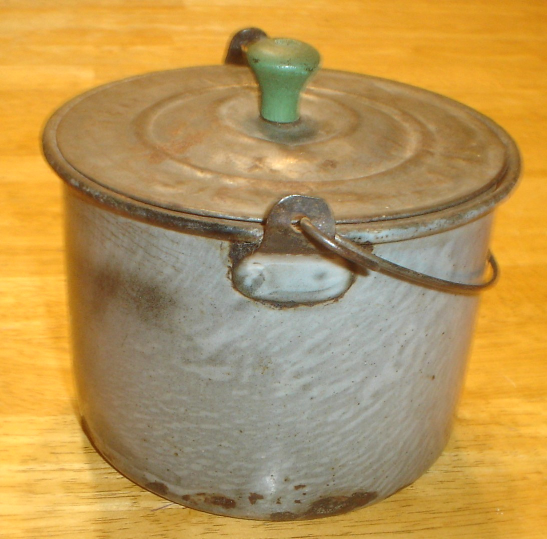 Antique Gray Enamelware / Graniteware Berry Bucket / Pail with Embossed Tin Lid