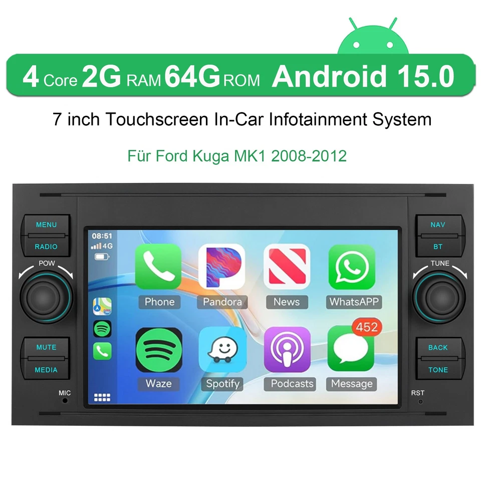 Autoradio Für Ford Kuga MK1 2008-2012 Android 15 GPS Navi BT Carplay WIFI 2+64GB - Bild 2 von 4