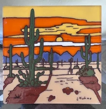 Leone Kuhne Earthtones "Desert" Saguaro Ceramic Trivet Art Tile 6" X 6",  1999