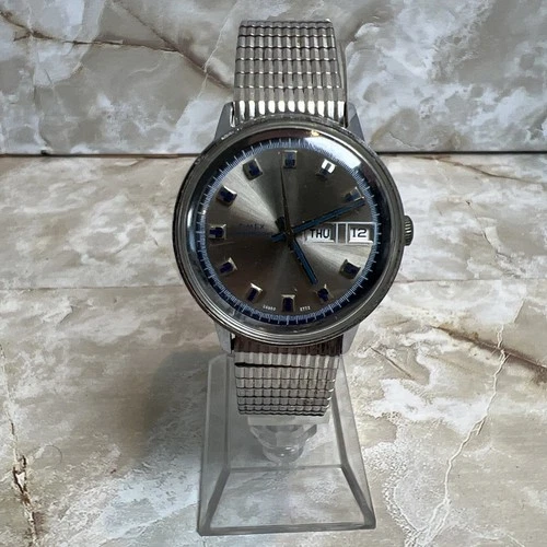 Vintage Timex Marlin Watch Silver Blue Manual Semi Stretch Band Working 70's