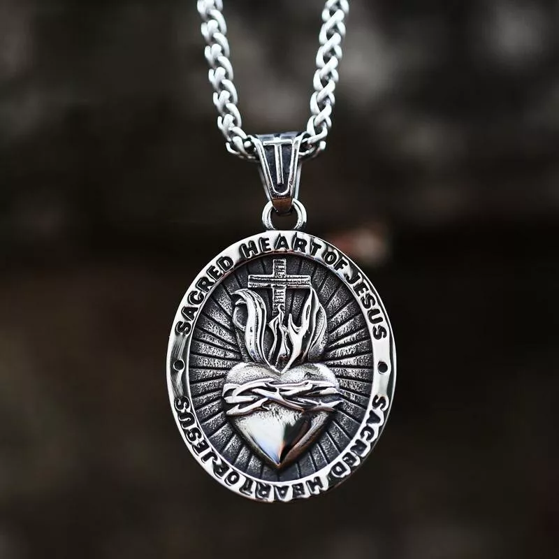 Mens Stainless Steel Sacred Heart of Jesus Pendant Necklace eBay