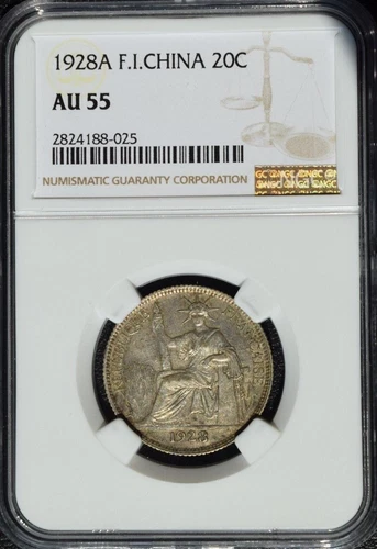 1928 A French Indo China 20 Cents, NGC AU 55, Cochin, Vietnam 