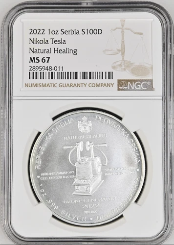 :2022 100 DINAR/1OZ SILVER SERBIA NGC MS67 TESLA NATURAL HEALING RARE R4 LOW POP