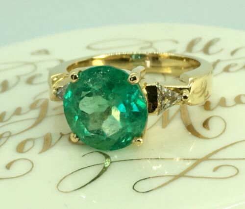 COLOMBIAN NATURAL EMERALD & DIAMONDS ENGAGED RING 18K YELLOW GOLD - Picture 4 of 10
