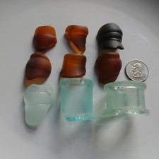 9 very old bottle neck pieces, sea beach glass, surf tumbled lot, NYC