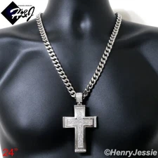 18"-40"MEN Stainless Steel 9mm Silver Cuban Curb Chain BIG CZ Cross Pendant*IP20