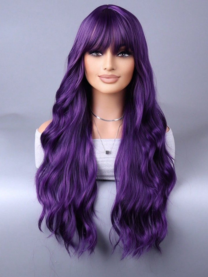 Purple Woman Wig Natural Everyday Hair With Bangs, Curly Hair And Wigs
