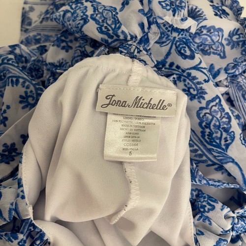 Jona Michelle Blouse Girl's 5 Blue Floral Tiered Sleeveless Lined Boho - Picture 6 of 7