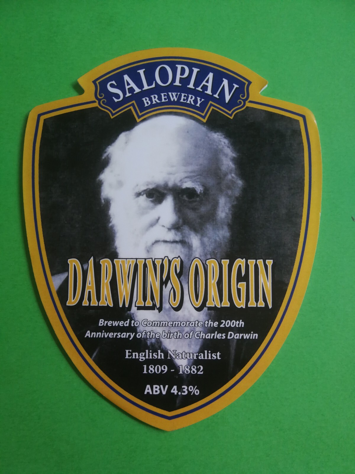 Beer pump clip badge front SALOPIAN brewery DARWIN'S ORIGIN cask real