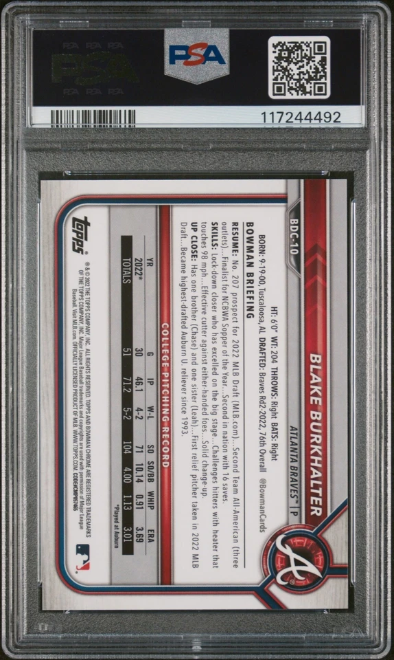 2022 Bowman Chrome Draft Sapphire Edition Blake Burkhalter #BDC-10 Green PSA 10 - Image 2 of 2