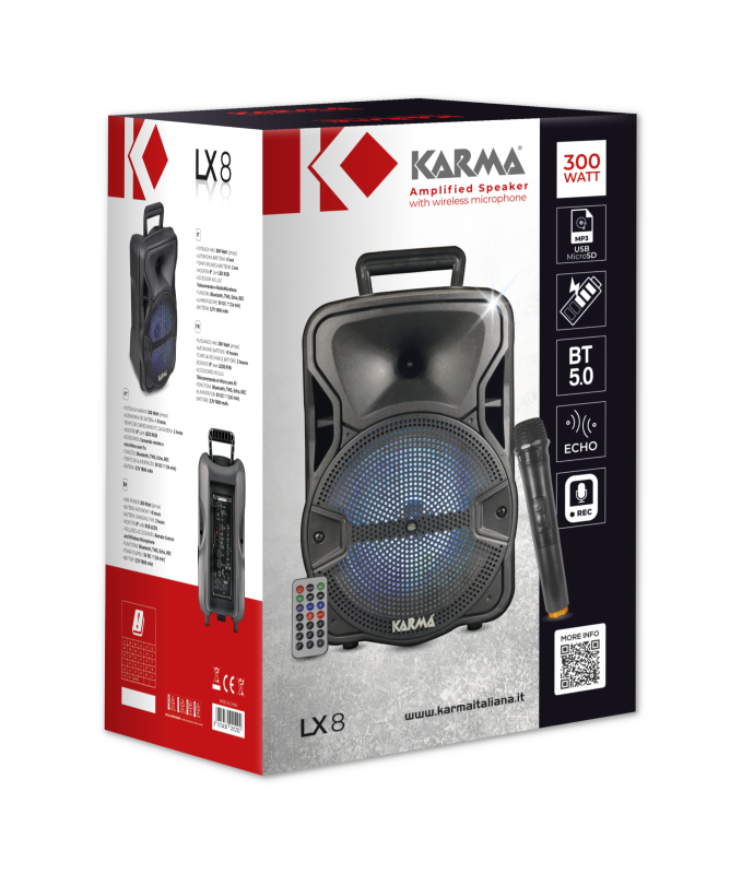 Cassa Audio Amplificata Karma PSB 8 Da 300W PMPO Con Radiomicrofono - Per Feste E Karaoke